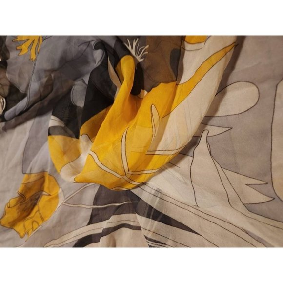 Scarf Flower Garden Scene in Grey Balck Beige Gold Neck Scarf - Picture 3 of 3